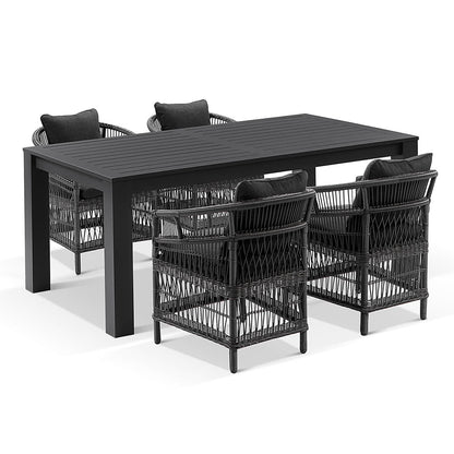 Santorini 1.8m Outdoor Rectangle Aluminium Dining Table with 6 Watego Malawi Style Wicker Chairs