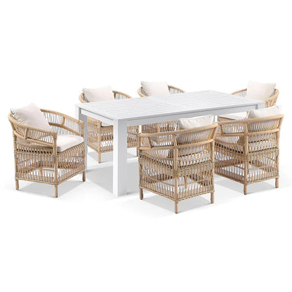 Santorini 1.8m Outdoor Rectangle Aluminium Dining Table with 6 Watego Malawi Style Wicker Chairs