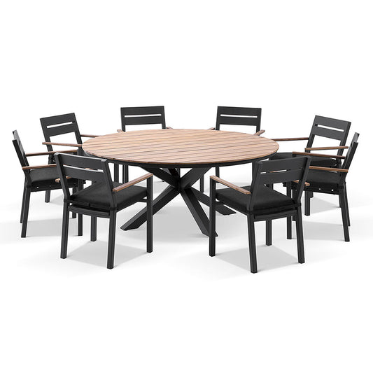Tuscany Round 1.8m Outdoor Aluminium and Teak Dining Table with 8 Capri Chairs