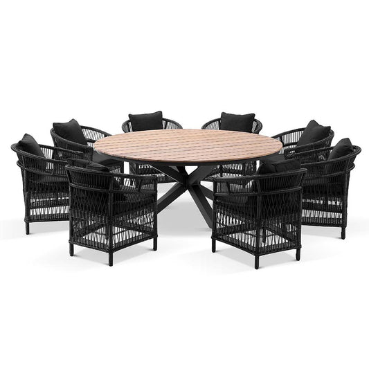 Tuscany Round 1.5m Outdoor Aluminium and Teak Dining Table with 6 Watego Malawi Style Wicker Dining Chairs