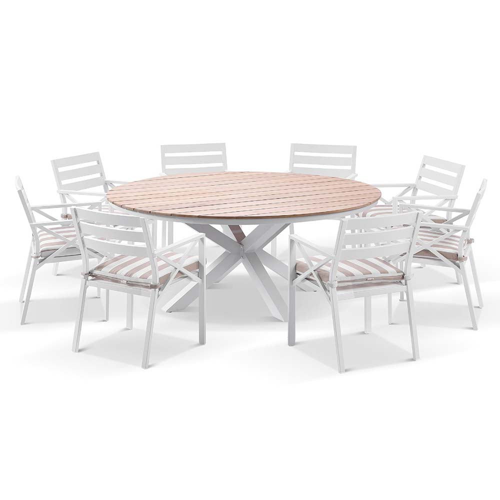 Tuscany Round 1.8m Outdoor Aluminium and Teak Dining Table with 8 Kansas Dining Chairs in Sunbrella