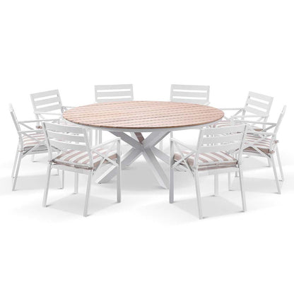 Tuscany Round 1.8m Outdoor Aluminium and Teak Dining Table with 8 Kansas Dining Chairs in Sunbrella