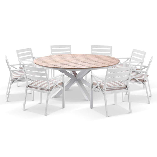 Tuscany Round 1.8m Outdoor Aluminium and Teak Dining Table with 8 Kansas Dining Chairs in Sunbrella