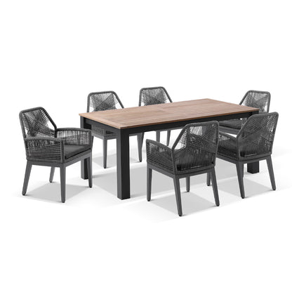 Balmoral 1.8m Outdoor Teak Top Aluminium Table with 6 Hugo Rope Chairs