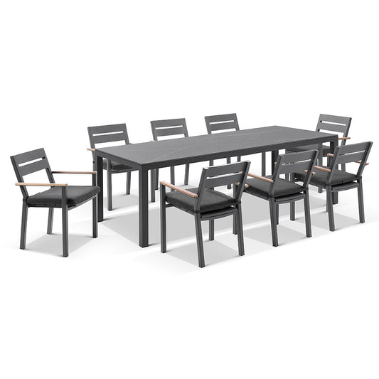 Tuscany Ceramic 8 Rectangle Seat With Capri Chairs with Teak Arm Rests