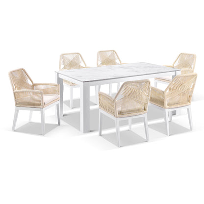 Hugo Ceramic 1.8m Outdoor Aluminium Dining Table with 6 Hugo Rope Chairs