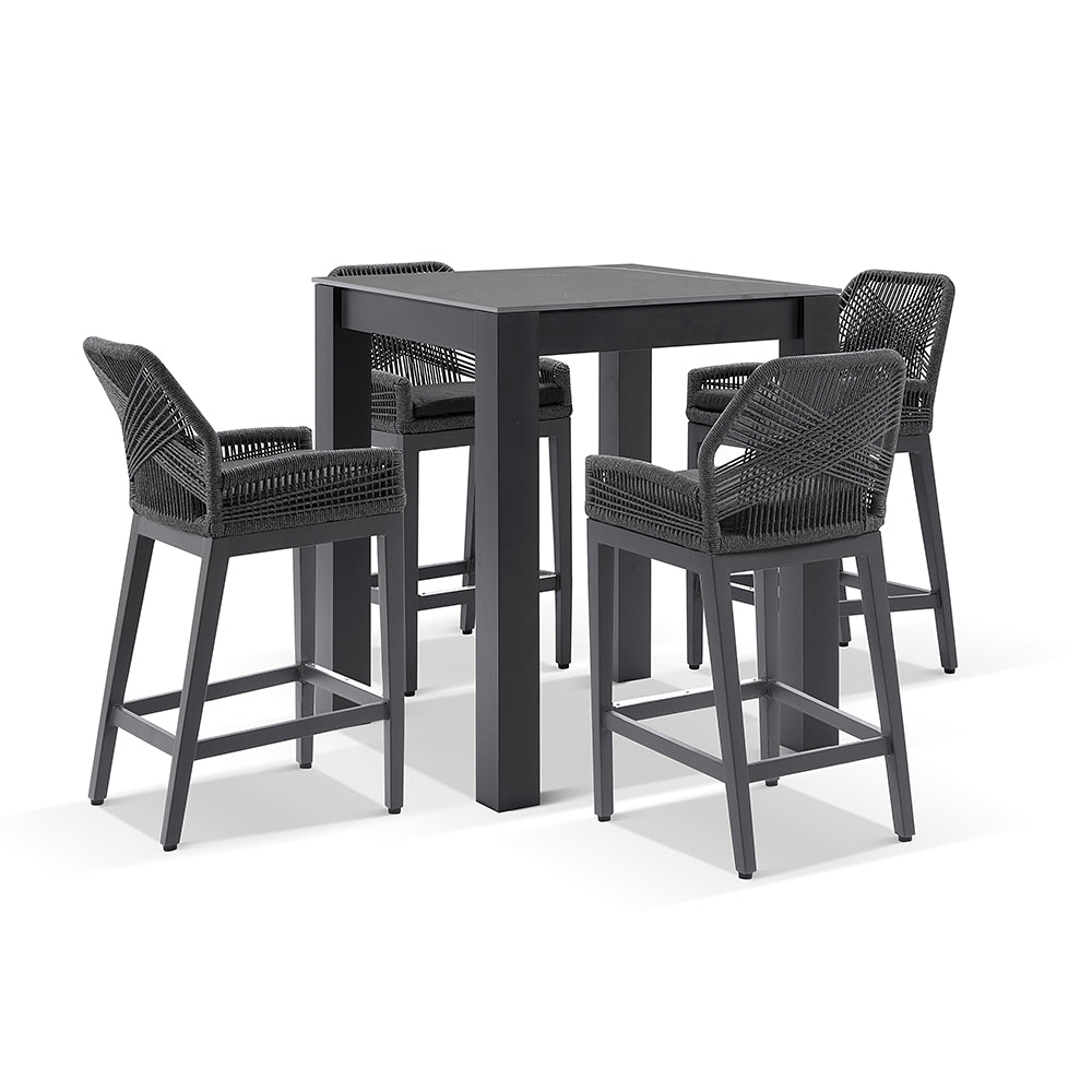 Hugo Ceramic Square Aluminium Bar Table with 4x Hugo Rope Bar Stools