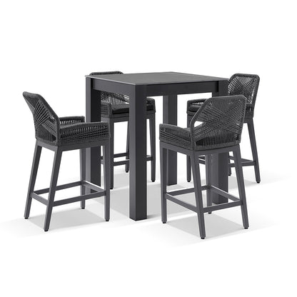 Hugo Ceramic Square Aluminium Bar Table with 4x Hugo Rope Bar Stools