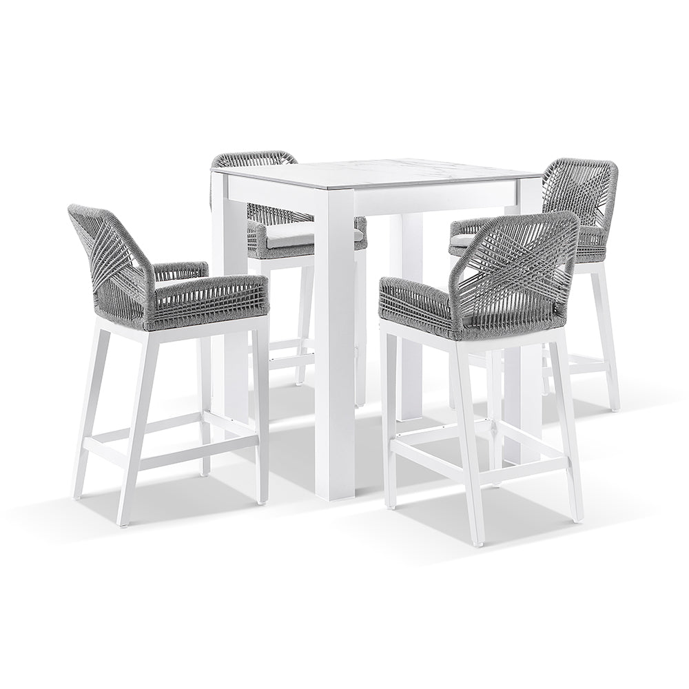 Hugo Ceramic Square Aluminium Bar Table with 4x Hugo Rope Bar Stools