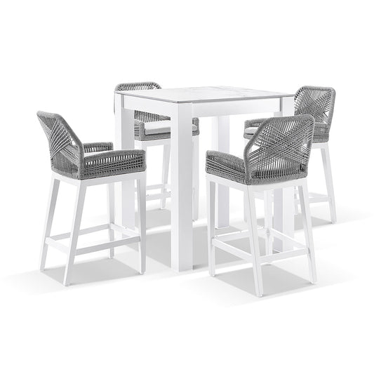 Hugo Ceramic Square Aluminium Bar Table with 4x Hugo Rope Bar Stools
