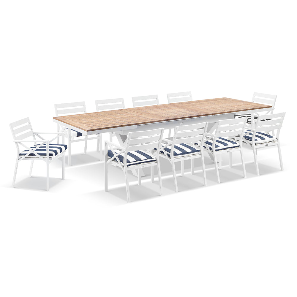Austin Outdoor 2.2m - 3m Extension Teak and Aluminium Table with 10 Kansas Dining Chairs
