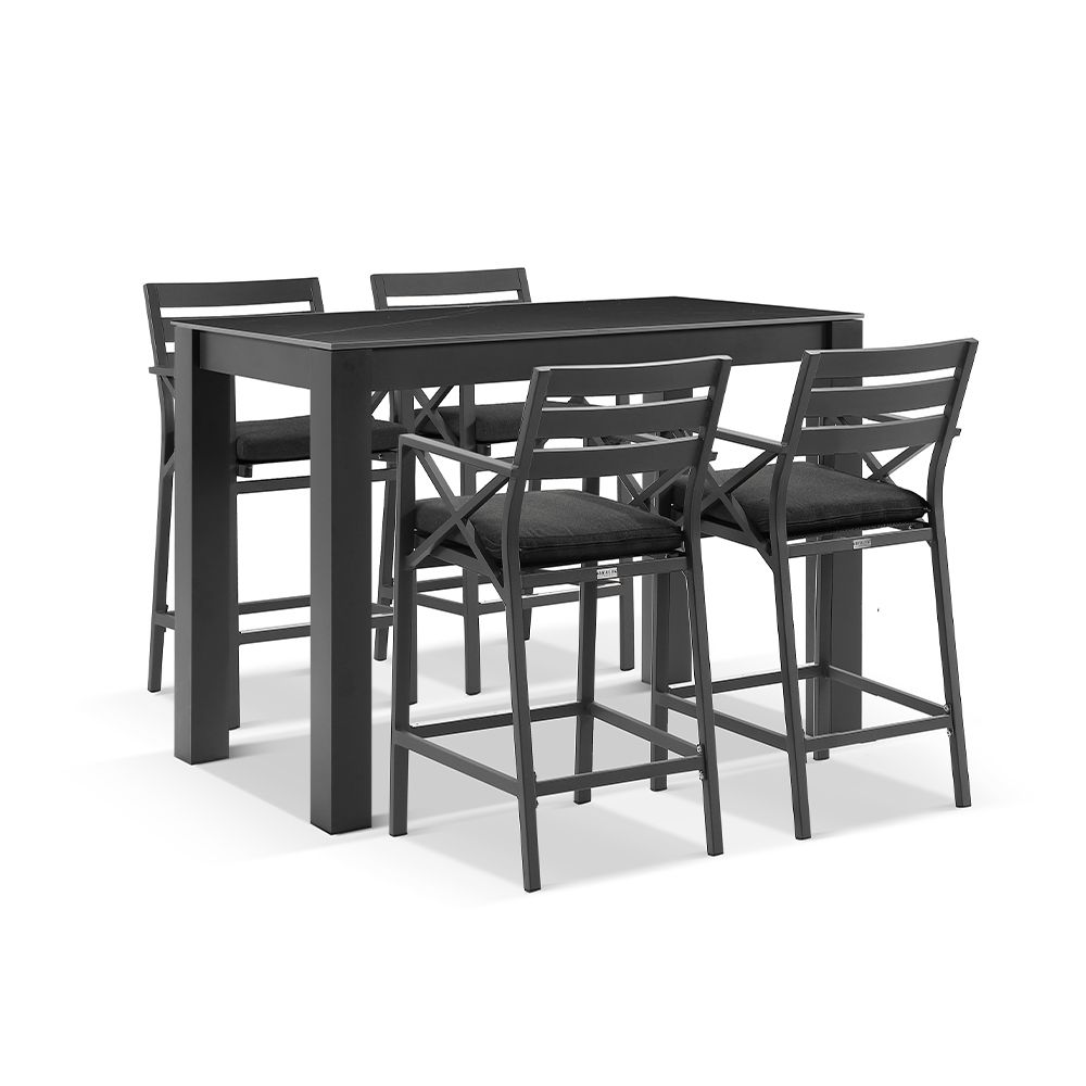Hugo Outdoor Ceramic 1.5m Rectangle Aluminium Bar Table with 4x Kansas Bar Stools