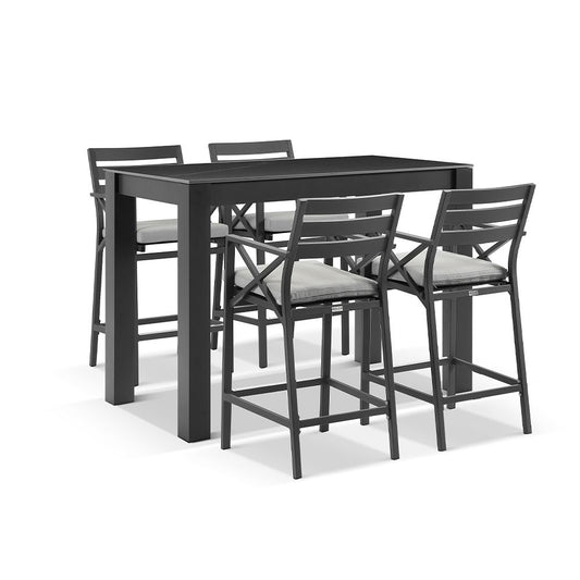 Hugo Outdoor Ceramic 1.5m Rectangle Aluminium Bar Table with 4x Kansas Bar Stools
