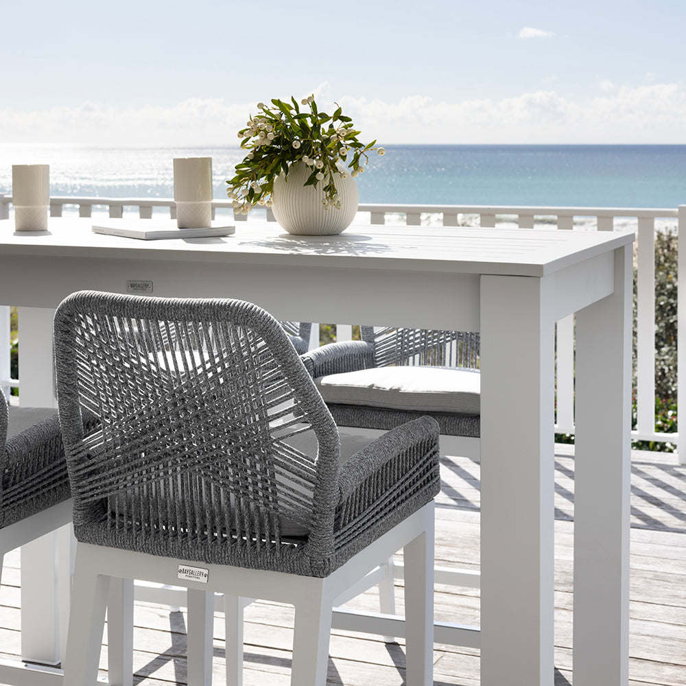 Santorini Outdoor Aluminium 1.5m Bar Table with 6 Hugo Aluminium and Rope Bar Stool
