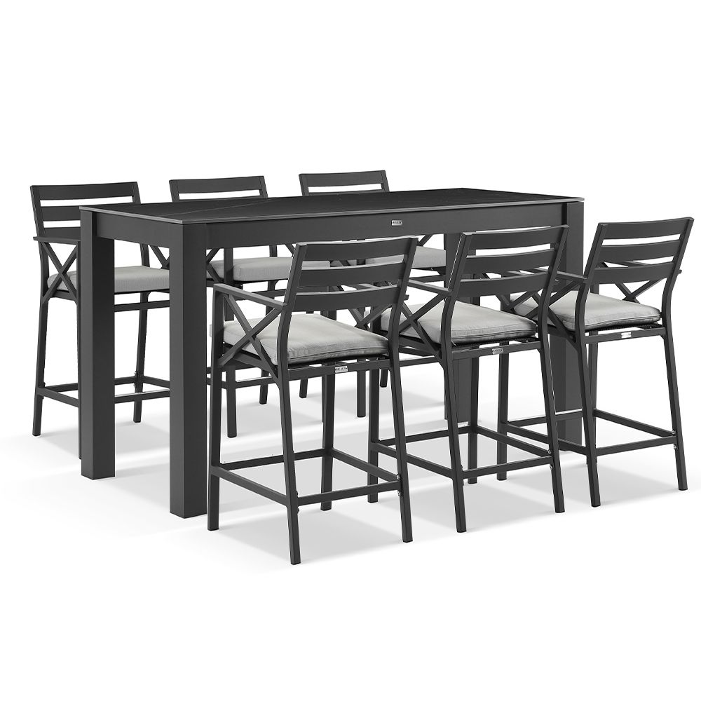 Hugo Outdoor Ceramic 2m Rectangle Aluminium Bar Table with 6x Kansas Bar Stools
