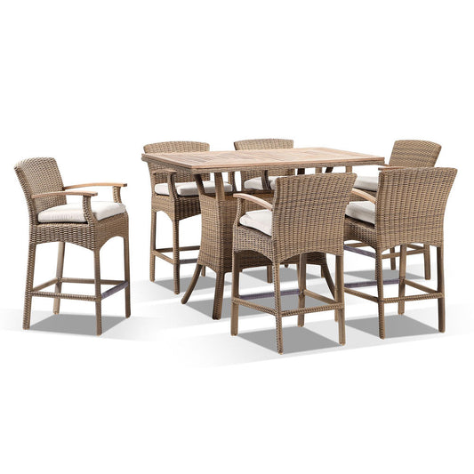 Sahara Teak Top 6 Seater Bar Setting in Half Round Wicker Wanika stools