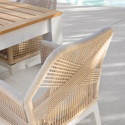 Balmoral 1.8m Outdoor Teak Top Aluminium Table with 6 Hugo Rope Chairs