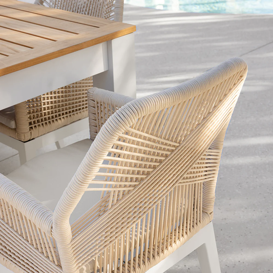 Balmoral 1.8m Outdoor Teak Top Aluminium Table with 6 Hugo Rope Chairs