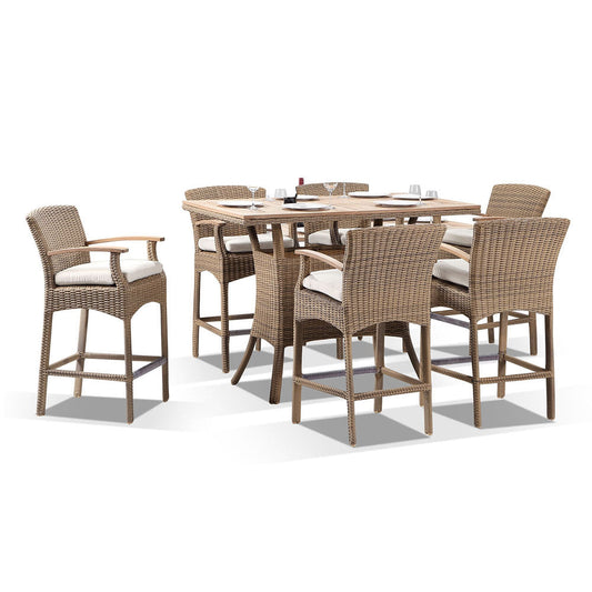 Sahara Teak Top 6 Seater Bar Setting in Half Round Wicker Wanika stools