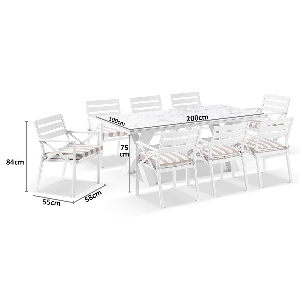Kansas Outdoor Ceramic 2m Aluminium Dining Table with 8 Chairs Setting in Sunbrella