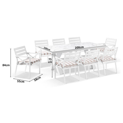 Kansas Outdoor Ceramic 2m Aluminium Dining Table with 8 Chairs Setting in Sunbrella
