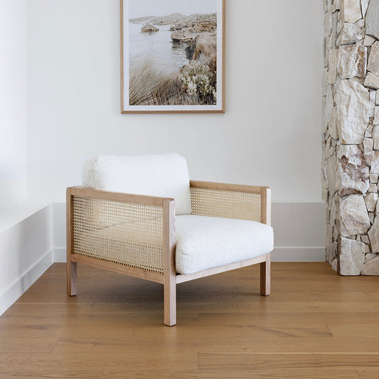 Killara Indoor Cream Boucle Couch Fabric and Timber Arm Chair Rattan Lounge Sofa