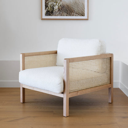 Killara Indoor Cream Boucle Couch Fabric and Timber 3+1+1 Rattan Lounge Sofa Setting