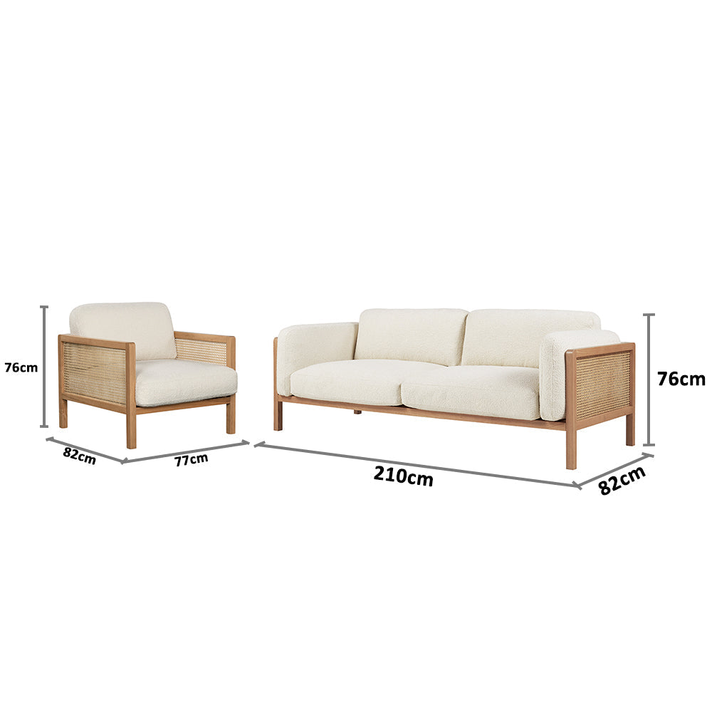 Killara Indoor Cream Boucle Couch Fabric and Timber 3+1+1 Rattan Lounge Sofa Setting