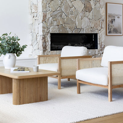 Killara Indoor Cream Boucle Couch Fabric and Timber 3+1+1 Rattan Lounge Sofa Setting