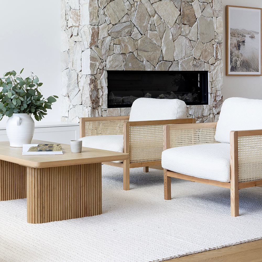 Killara Indoor Cream Boucle Couch Fabric and Timber 3+1+1 Rattan Lounge Sofa Setting