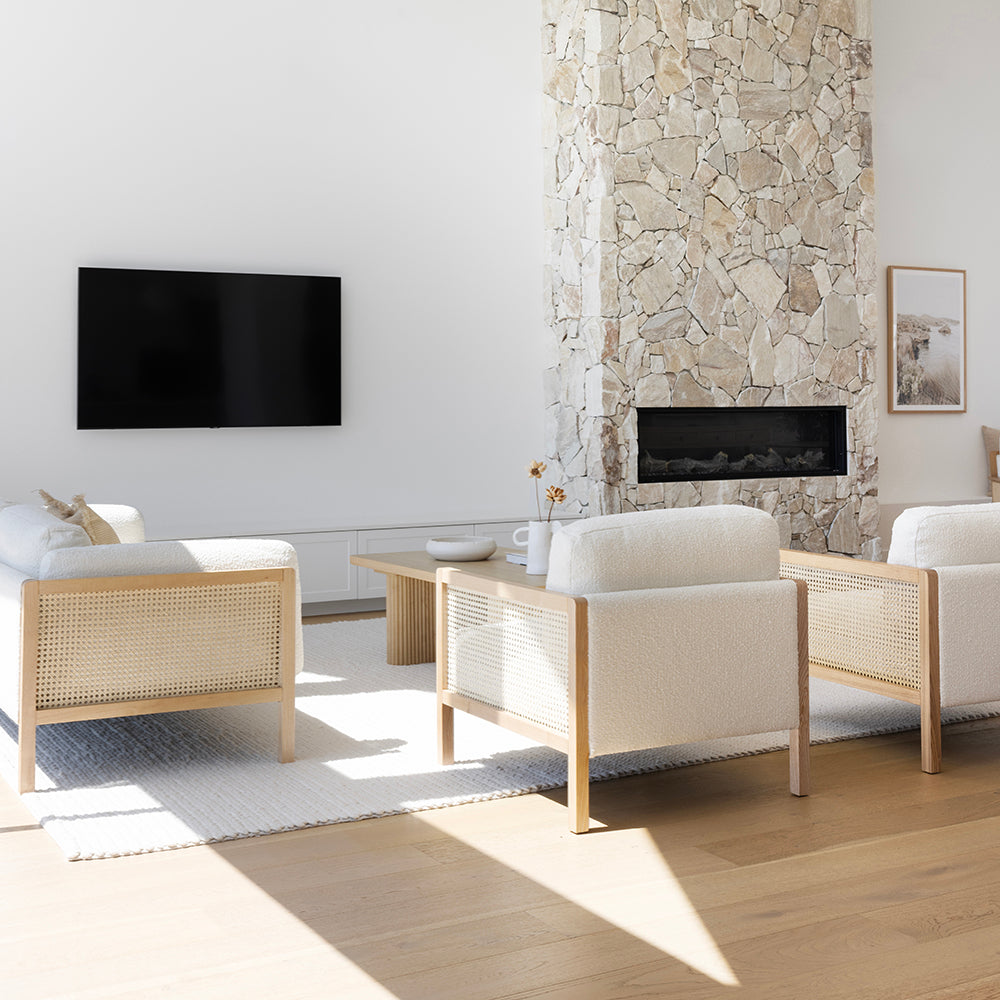 Killara Indoor Cream Boucle Couch Fabric and Timber 3+1+1 Rattan Lounge Sofa Setting