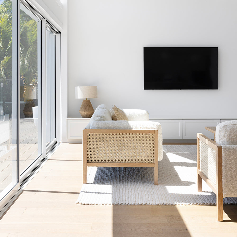 Killara Indoor Cream Boucle Couch Fabric and Timber 3+1+1 Rattan Lounge Sofa Setting