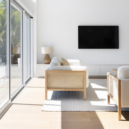 Killara Indoor Cream Boucle Couch Fabric and Timber 3+1+1 Rattan Lounge Sofa Setting