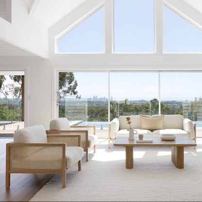 Killara Indoor Cream Boucle Couch Fabric and Timber 3+1+1 Rattan Lounge Sofa Setting