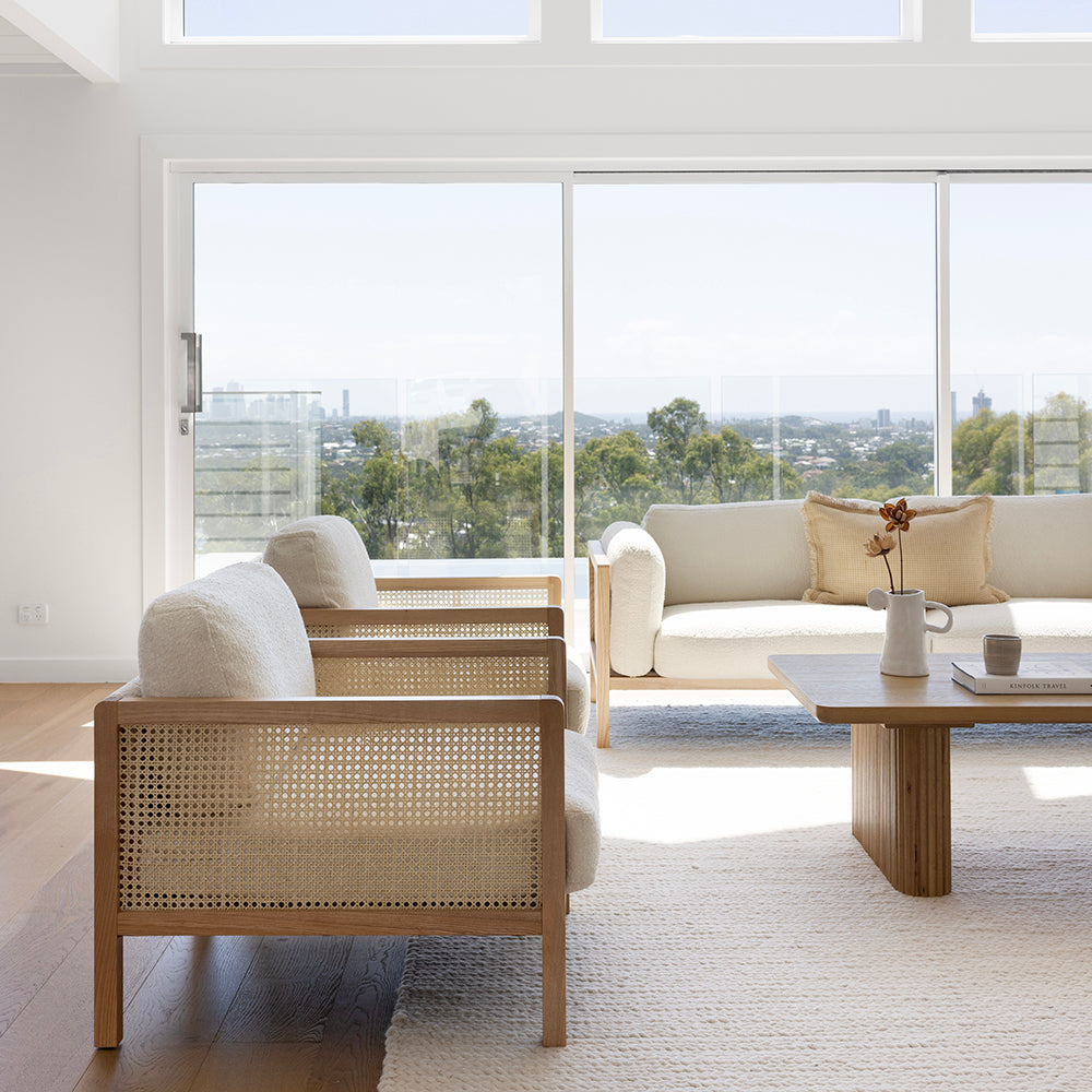 Killara Indoor Cream Boucle Couch Fabric and Timber 3+1+1 Rattan Lounge Sofa Setting