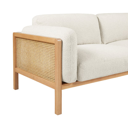 Killara Indoor Cream Boucle Couch Fabric and Timber 3 Seat Rattan Lounge Sofa