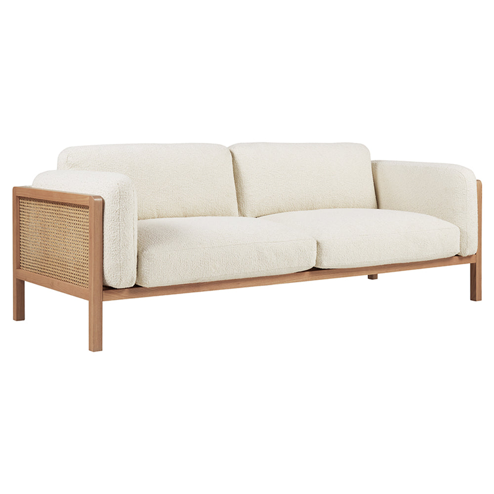 Killara Indoor Cream Boucle Couch Fabric and Timber 3 Seat Rattan Lounge Sofa