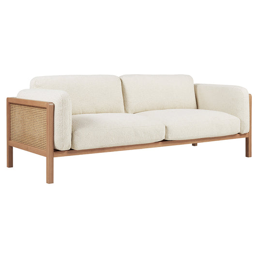 Killara Indoor Cream Boucle Couch Fabric and Timber 3 Seat Rattan Lounge Sofa