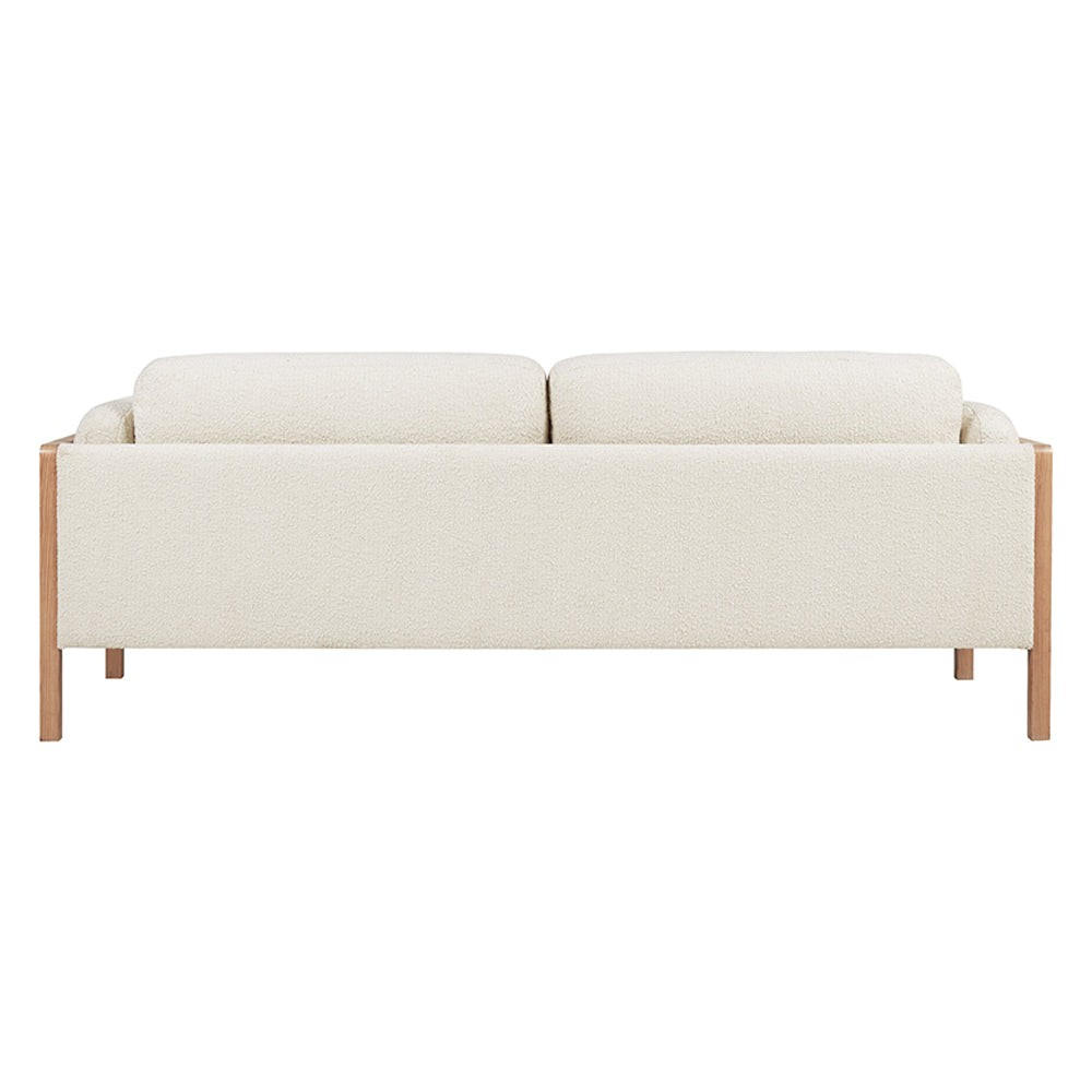 Killara Indoor Cream Boucle Couch Fabric and Timber 3 Seat Rattan Lounge Sofa