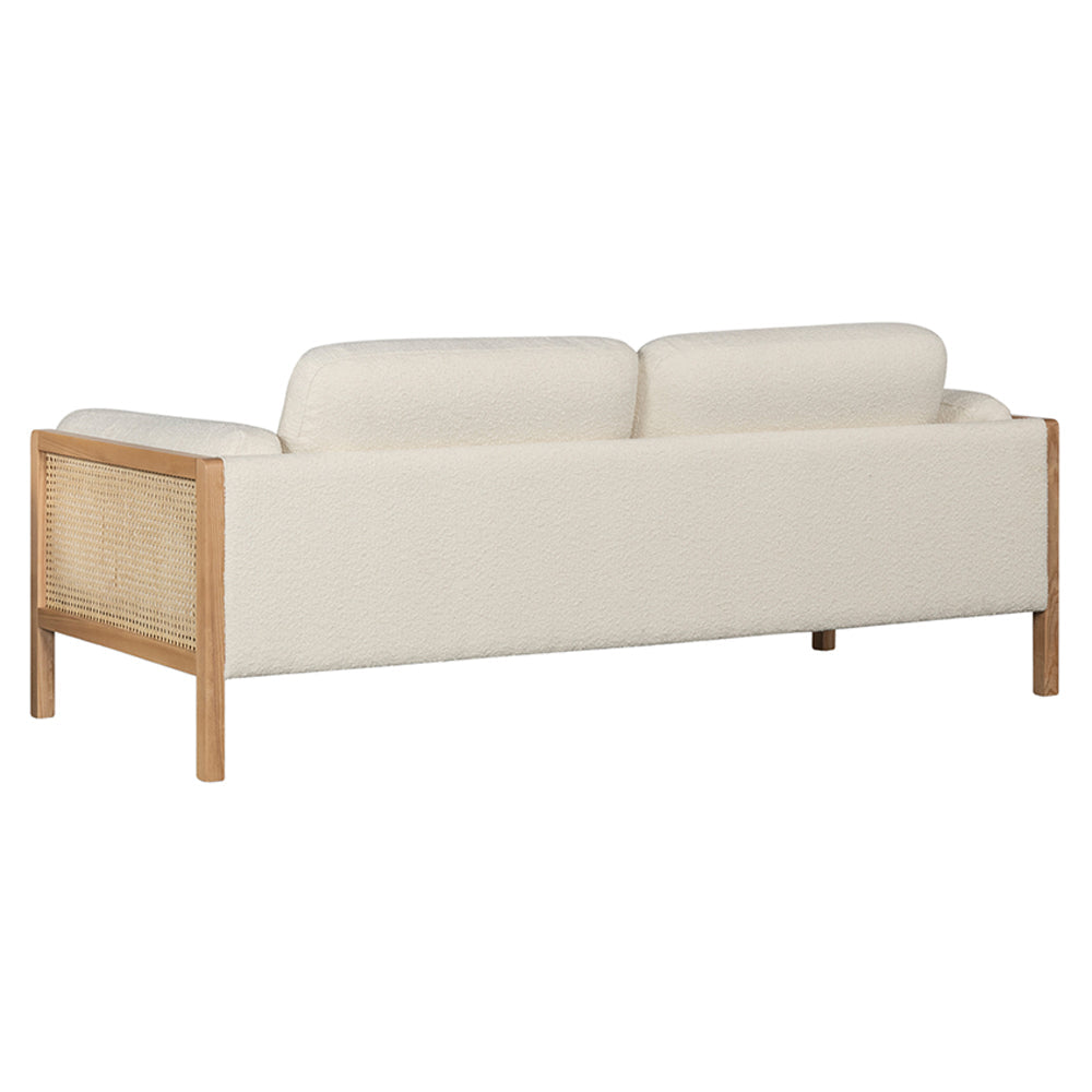Killara Indoor Cream Boucle Couch Fabric and Timber 3 Seat Rattan Lounge Sofa