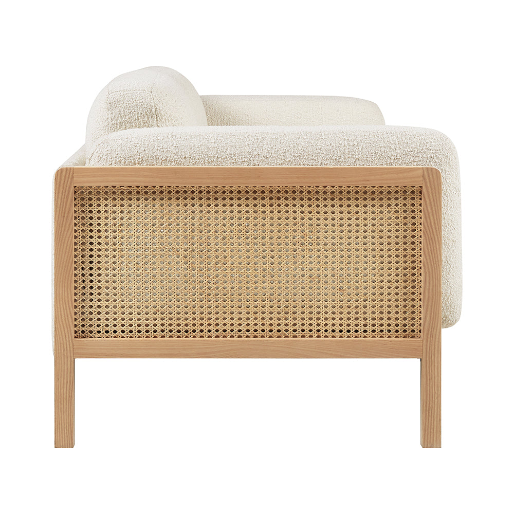 Killara Indoor Cream Boucle Couch Fabric and Timber 3 Seat Rattan Lounge Sofa