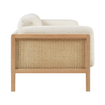 Killara Indoor Cream Boucle Couch Fabric and Timber 3 Seat Rattan Lounge Sofa