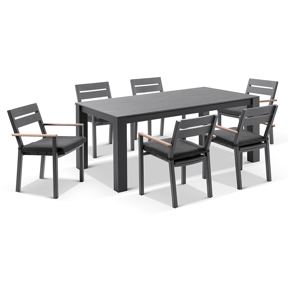 Hugo Ceramic 1.8m Outdoor Aluminium Dining Table with 6 Capri Chairs Setting