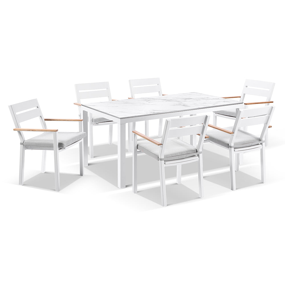 Hugo Ceramic 1.8m Outdoor Aluminium Dining Table with 6 Capri Chairs Setting