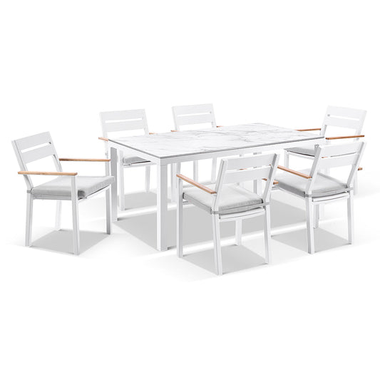 Hugo Ceramic 1.8m Outdoor Aluminium Dining Table with 6 Capri Chairs Setting