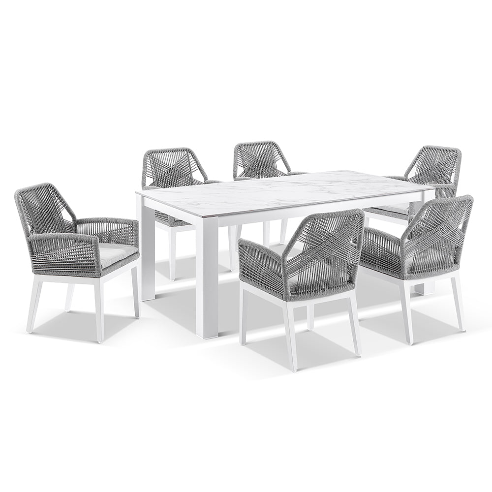 Hugo Ceramic 1.8m Outdoor Aluminium Dining Table with 6 Hugo Rope Chairs