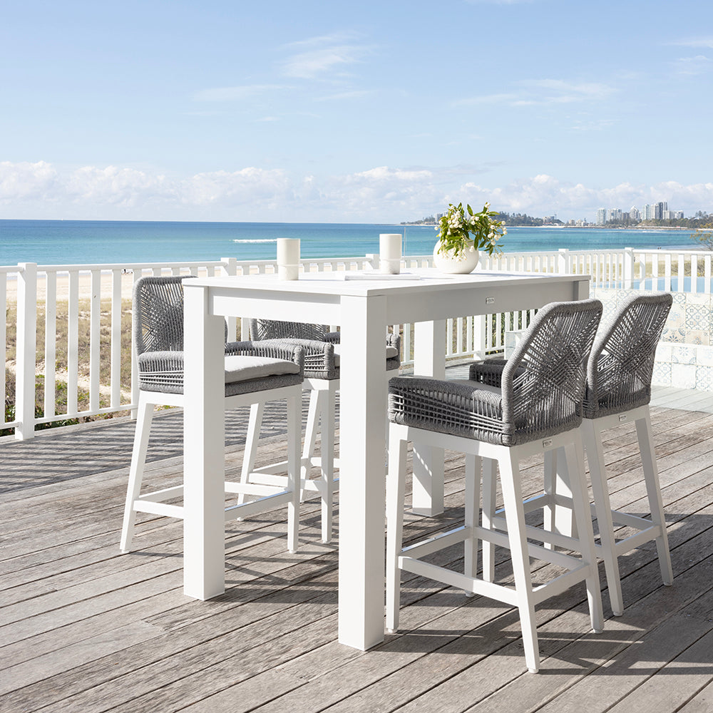 Santorini Outdoor Aluminium 1.5m Bar Table with 6 Hugo Aluminium and Rope Bar Stool