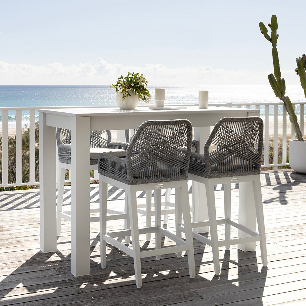 Santorini Outdoor Aluminium 1.5m Bar Table with 6 Hugo Aluminium and Rope Bar Stool