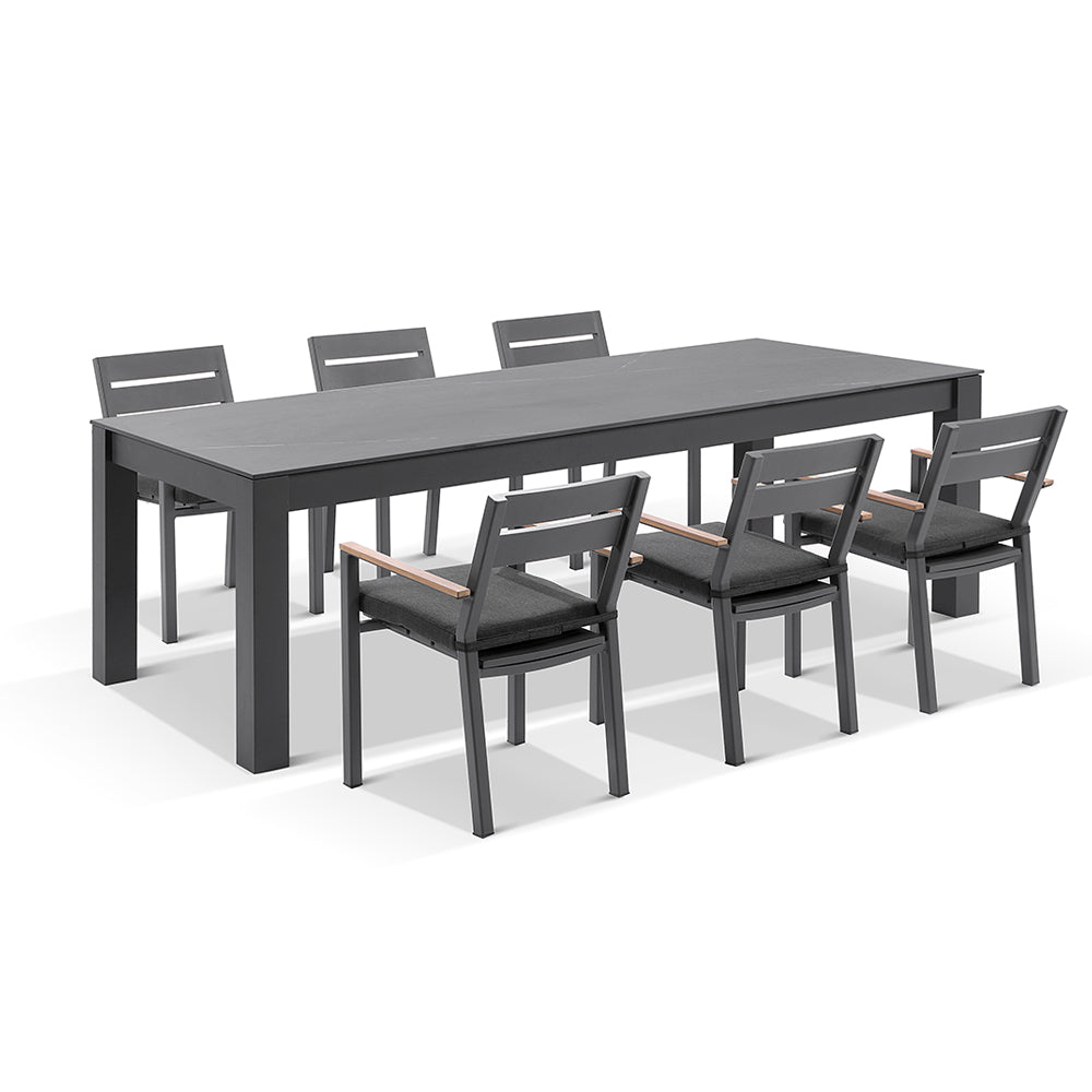 Hugo Ceramic 2.5m Outdoor Aluminium Dining Table with 8 Capri Chairs Setting