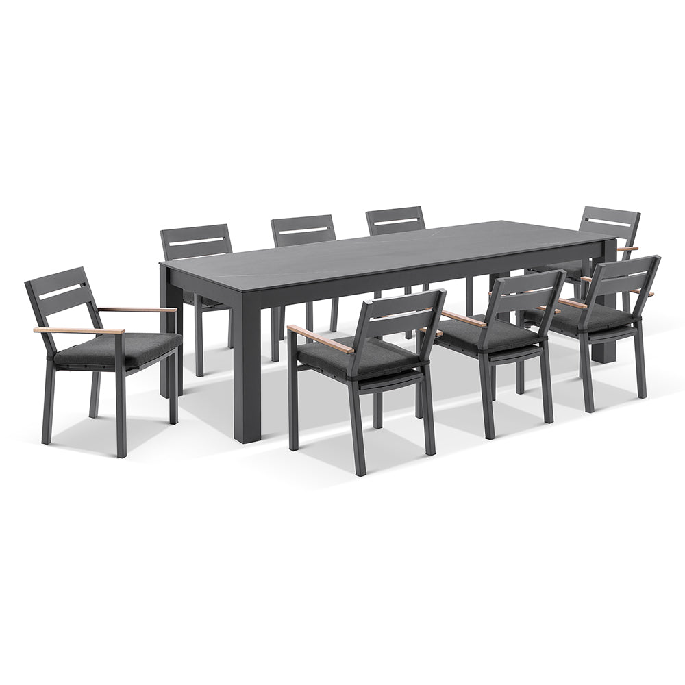 Hugo Ceramic 2.5m Outdoor Aluminium Dining Table with 8 Capri Chairs Setting